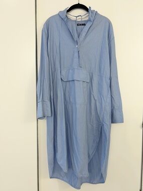 Zara Light Blue Pinstripe Hooded Shirt Dress Poncho